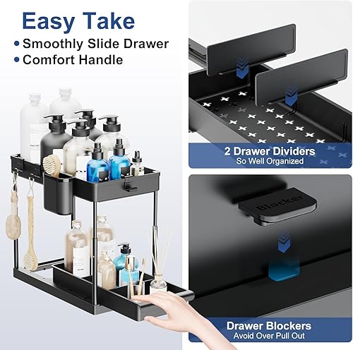Miniatura 3 de ESSBLIN Organizador de altura ajustable para debajo del fregadero, paquete de 2 unidades de almacenamiento negro para debajo del baño con ganchos