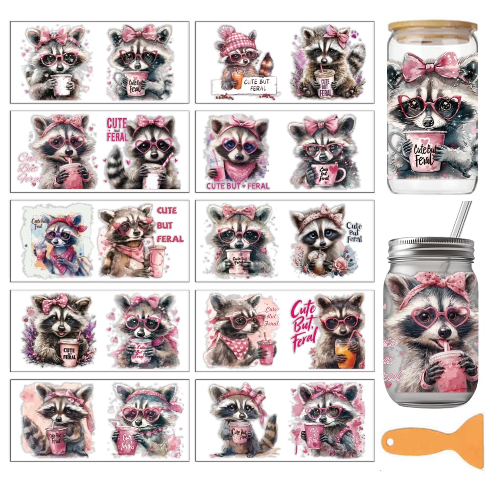 arricraft 10 Sheets Raccoon UV DTF Cup Wrap, 10 Styles Pink Raccoon Cute Animal Rub on Transfers PVC Paper Waterproof Rub Decals for DIY 16OZ Glass Cups Furniture Wood Crafts