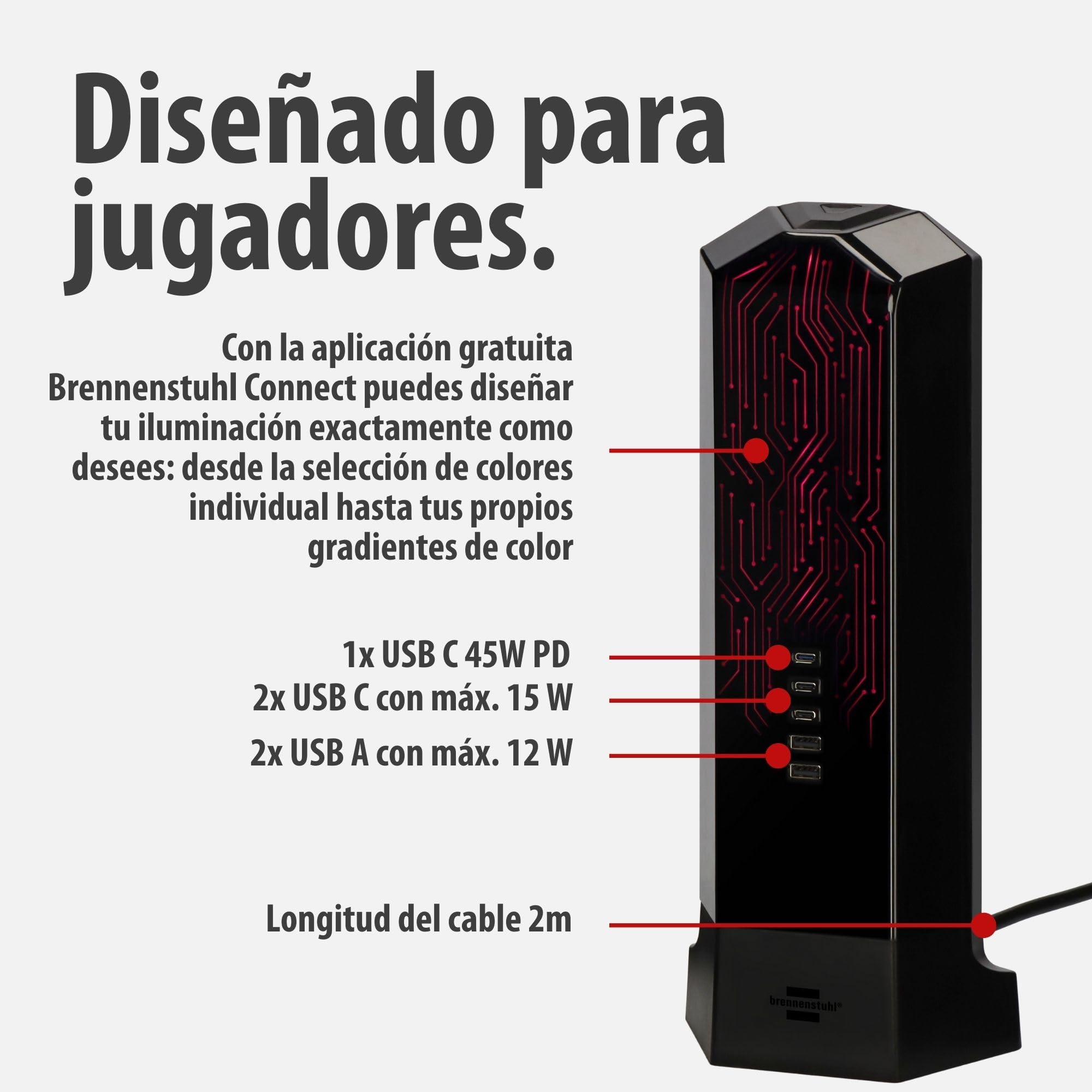 Brennenstuhl Gaming Torre Enchufes Vertical de 9 vías con USB y Control de luz RGB (con protección contra sobretensión, Cable de 2 m, 3X USB C con máx. 45W PD, 2X USB A e Interruptor)