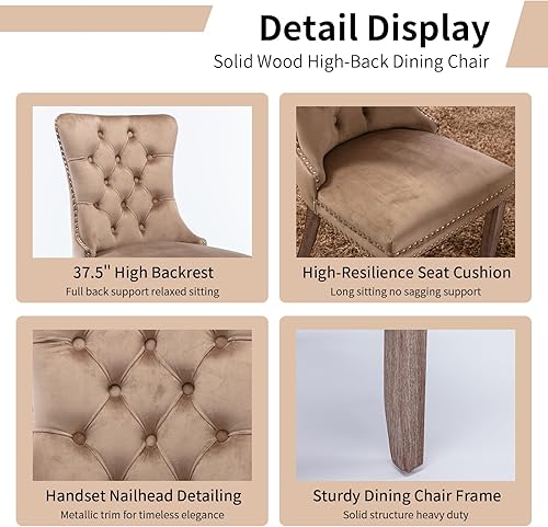 Miniatura 5 de Juego de 6 sillas de comedor modernas, sillas de comedor tapizadas con patas de madera maciza, silla decorativa de terciopelo camello, Sillas de 02-