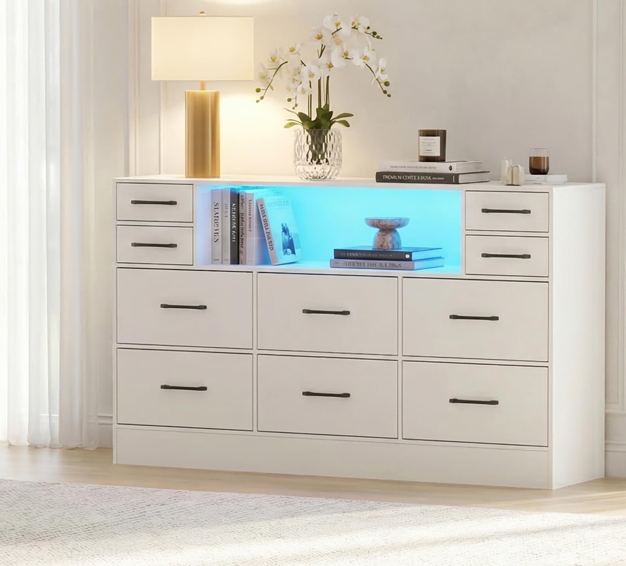JAMK Chest of Drawer with LED Light & USB Charging Port, 16 Color Light Modes, Chest Of Drawer with Wooden Frame, Modern & Retro Dresser for Bedroom Living Room (White)