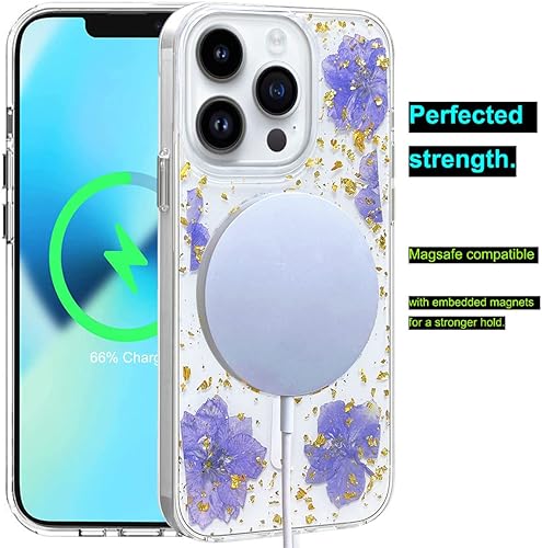 Miniatura 3 de Abbery Funda magnética para iPhone 14 Pro de 6.1 pulgadas, compatible con MagSafe Cute Clear con diseño de purpurina brillante, flores secas