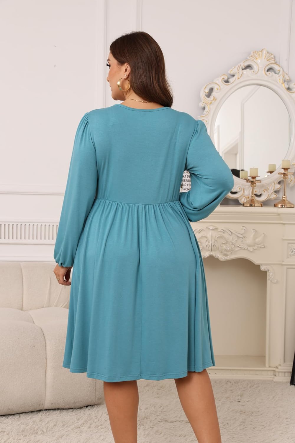 AMCLOS Women's Plus Size Square with Deep V Neck Sexy Flowy Dress Twist Knot Front 2 Pockets Long Sleeve Casual Party Work - Image 6