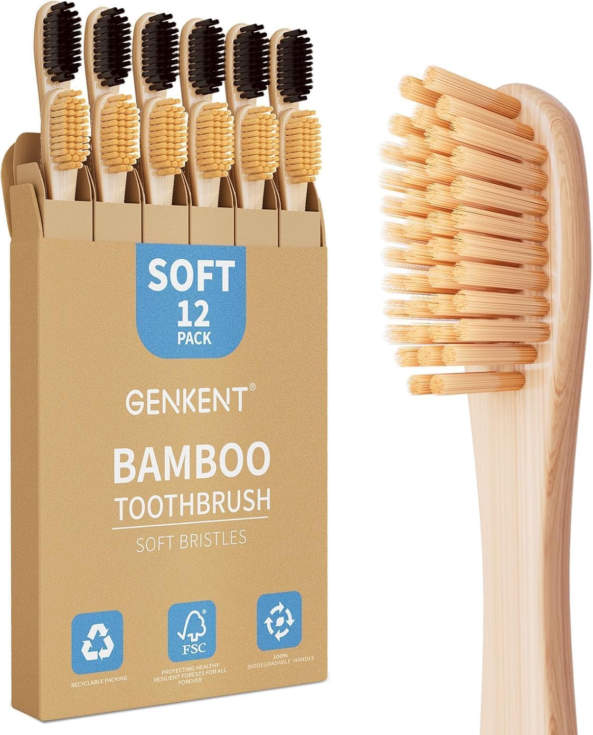 GENKENT 12 Pcs Natural Bamboo Charcoal Toothbrush with Soft Bristles BPA Free in Eco Friendly Color, Biodegradable Recycled Wood Toothbrushes