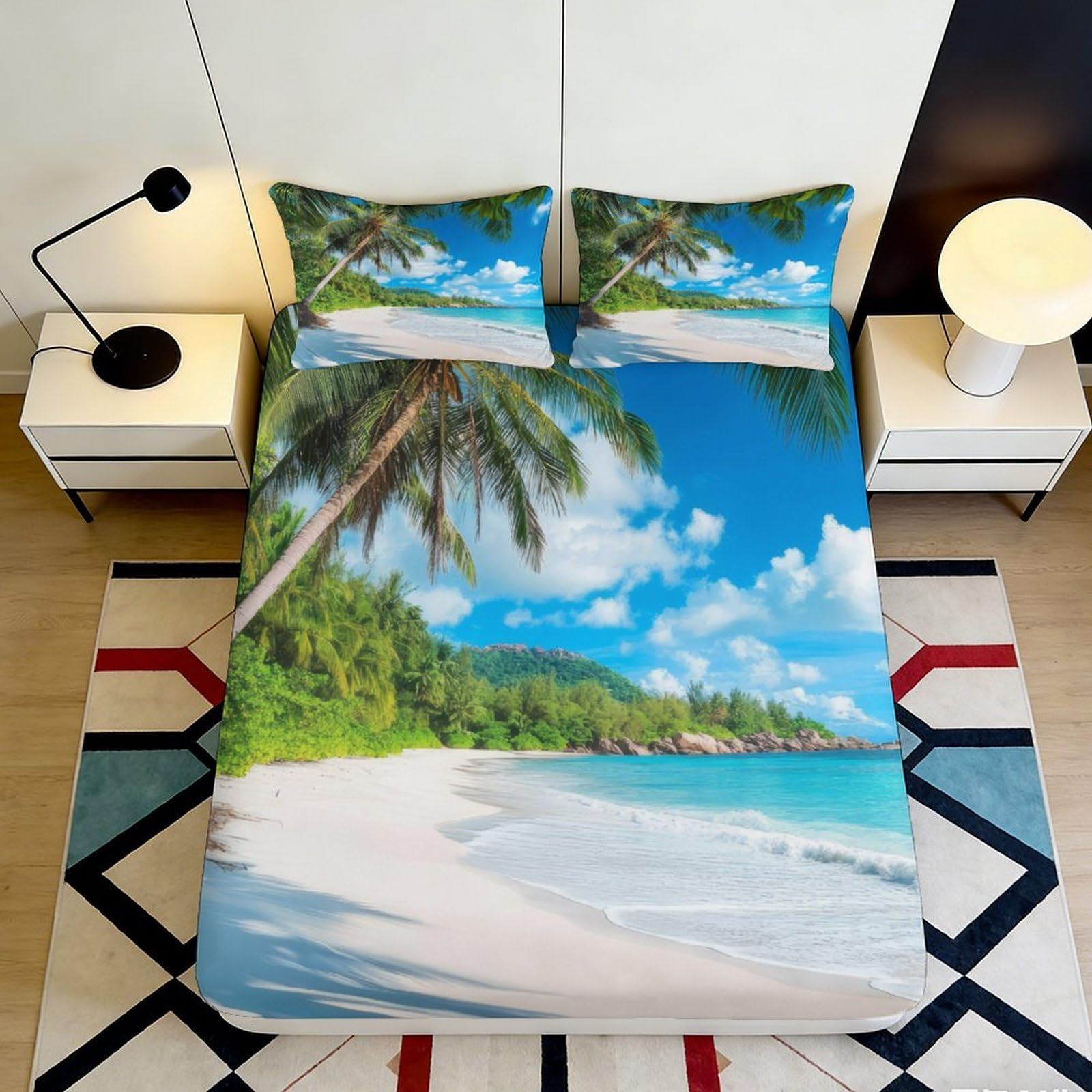 3D Printed Tropical Beach Fitted Sheet Microfiber Soft Breathable Palm Ocean Mattress Cover for Bedroom Guest Room Decor 90x200x25cm