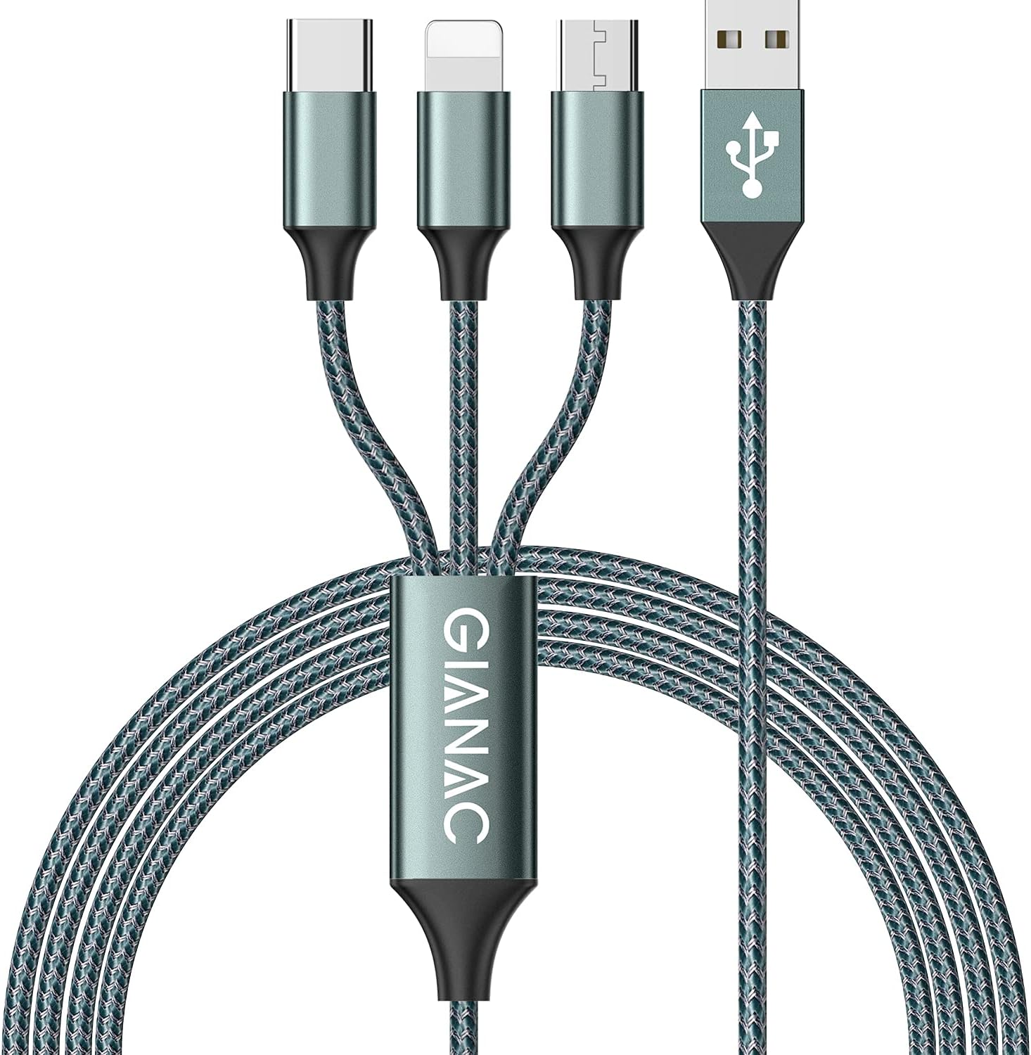 3 in 1 Multi Charger Cable [1.2M] Multiple USB Cable Nylon Braided with Micro USB Type C Lightning Cable Connector for iPhone, Android Galaxy, Huawei, Nexus, Nokia,LG, Sony, PS4-Green