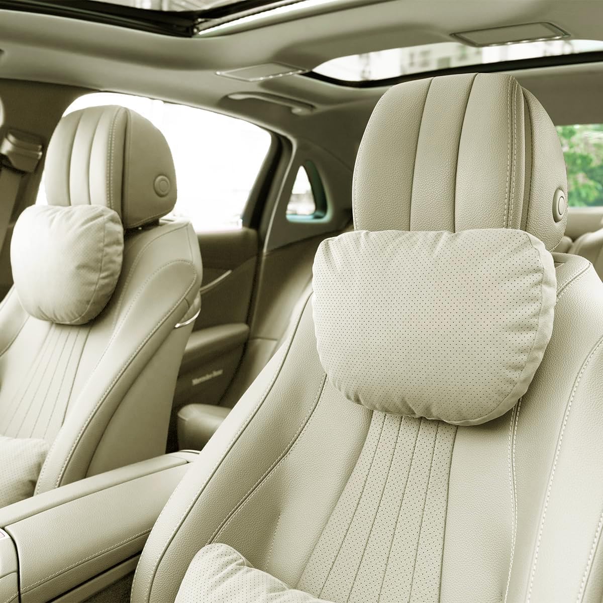 2 Pcs Car Headrest Neck Pillow for Driving,Universal Premium Suede Leather Soft and Comfortable Headrest,Two Gears of Height Adjustment Car Seat Headrest Pillow Car Interior Accessories Macchiato Beige