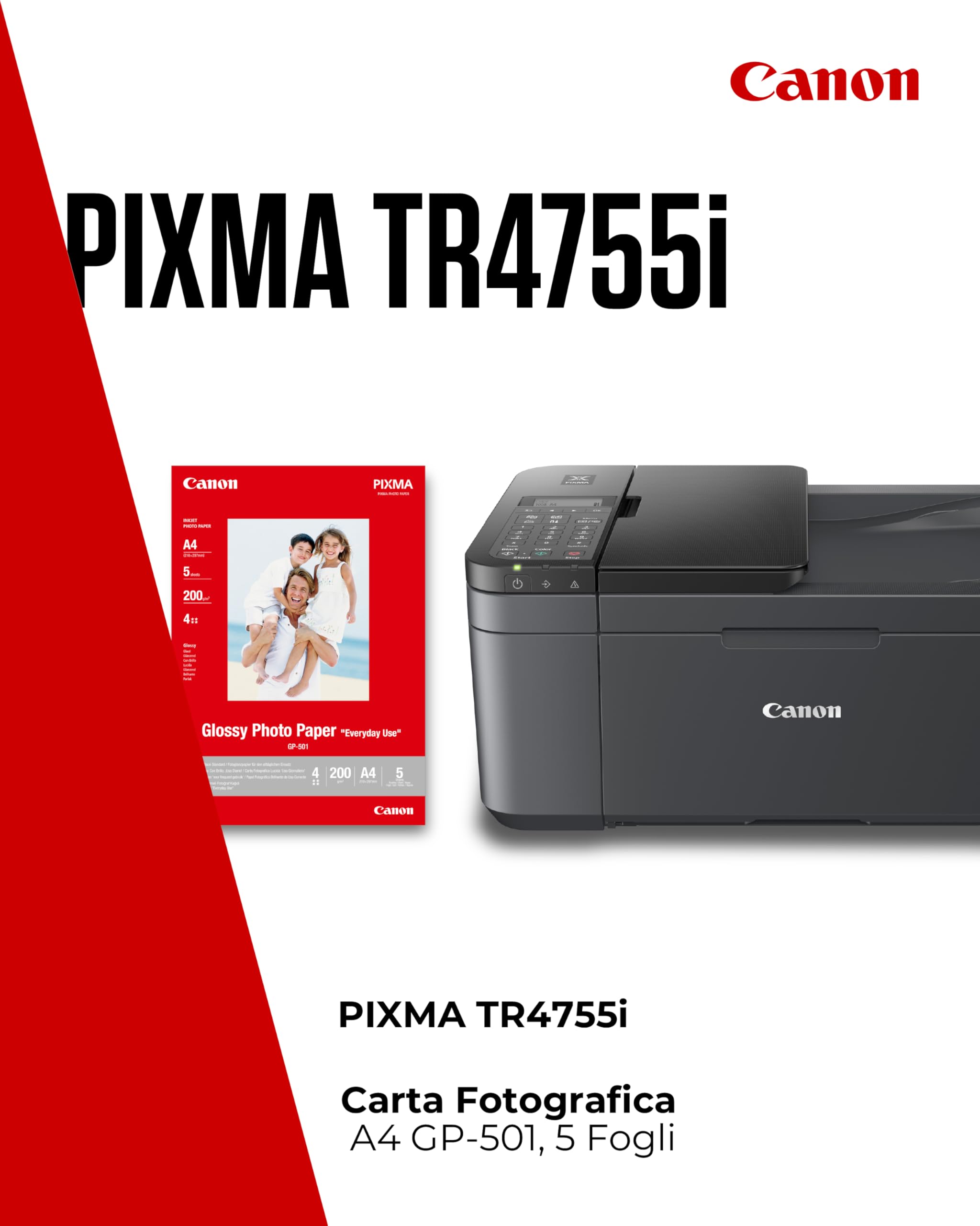 Canon PIXMA TR4755i stampante multifunzione wireless 4 in 1, Stampa, Scansione, Copia, Fax - Fronte/Retro, ADF 20 Fogli, PIXMA Print Plan, Nero - Include Carta Fotografica A4 GP-501, 5 Fogli