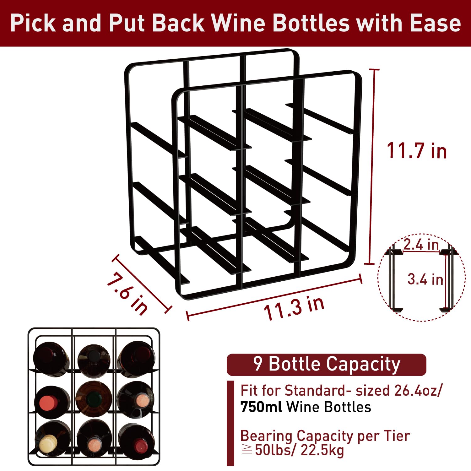 Buruis - Botellero de Metal para 9 Botellas de Vino, Soporte para Almacenamiento de Vino