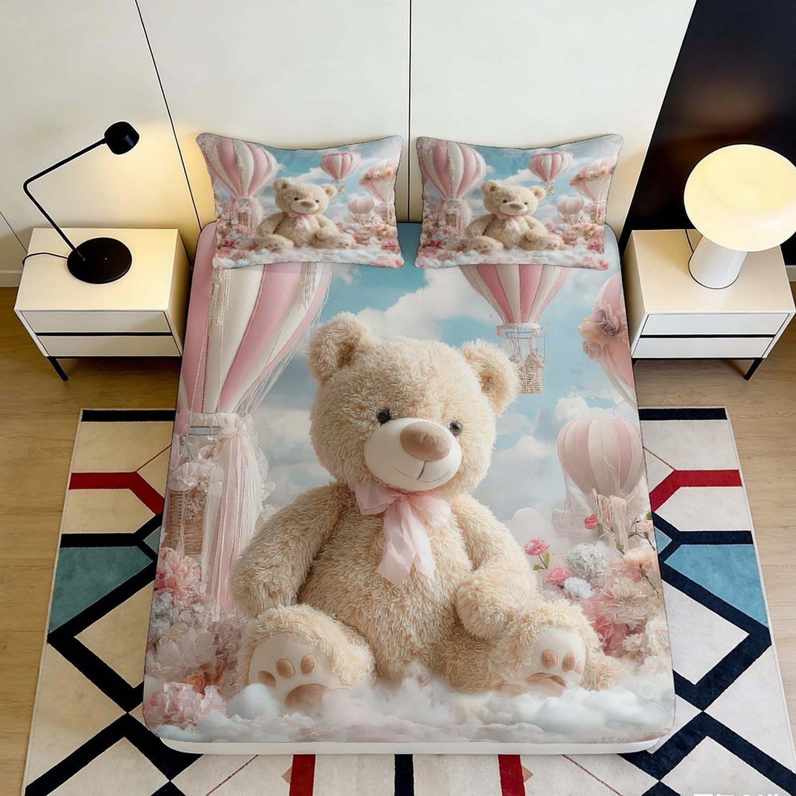 3D Printed Cute Teddy Bear Fitted Sheet Microfiber Soft Pink Balloon Bed Sheet for Bedroom Guest Room Mattress Decor 90x200x25cm