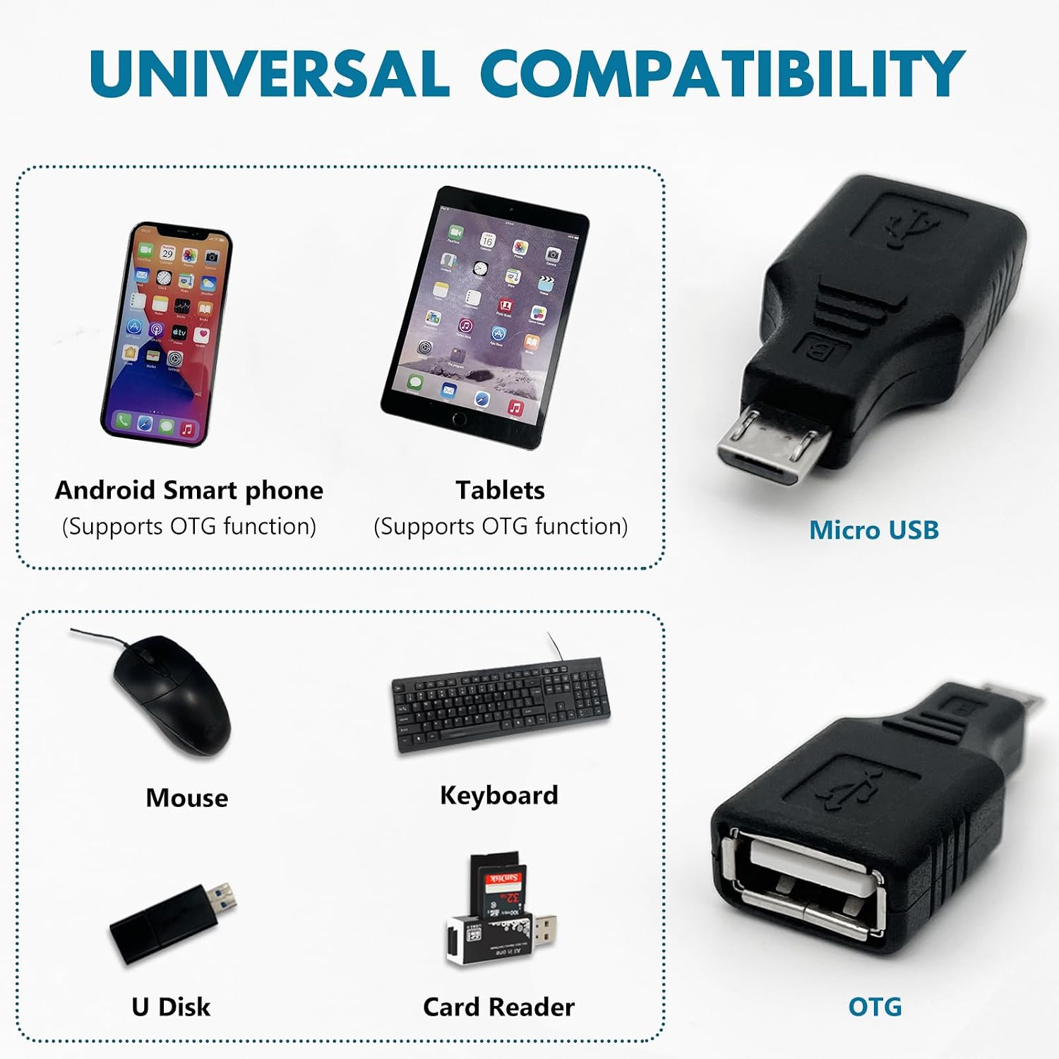 Micro USB Male to USB 2.0 Female OTG Adapter (4-Pack) – On-The-Go Host Converter for Android Smartphones, Tablets, and USB Devices