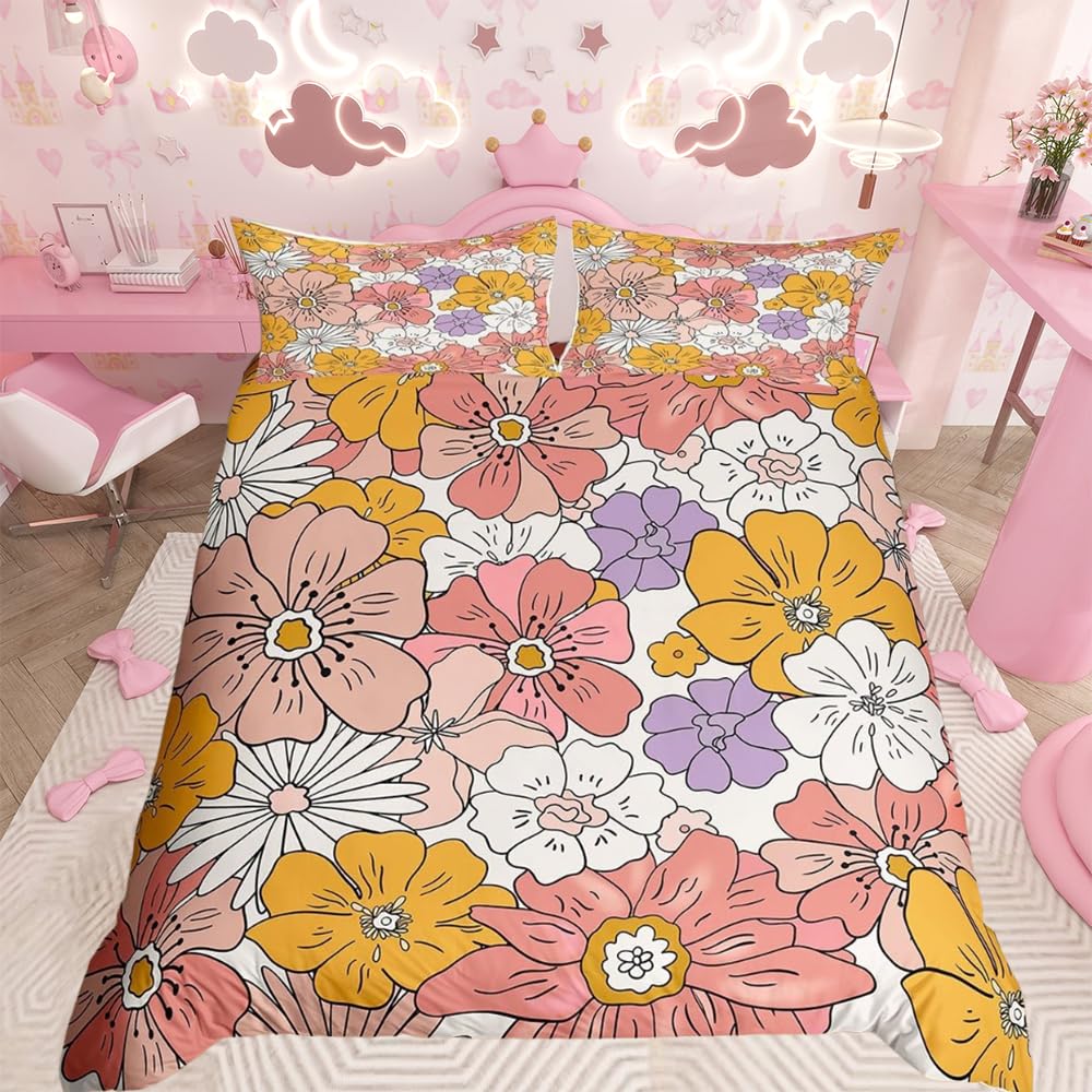 Groovy Flower Comforter Cover 60S 70S 80S Flowers Pink Purple Yellow Bedding Set Retro Floral Boho Duvet Cover for Children Kids Boys Girls Microfiber Bedspread Cover Room Decor Bedclothes King — image 1