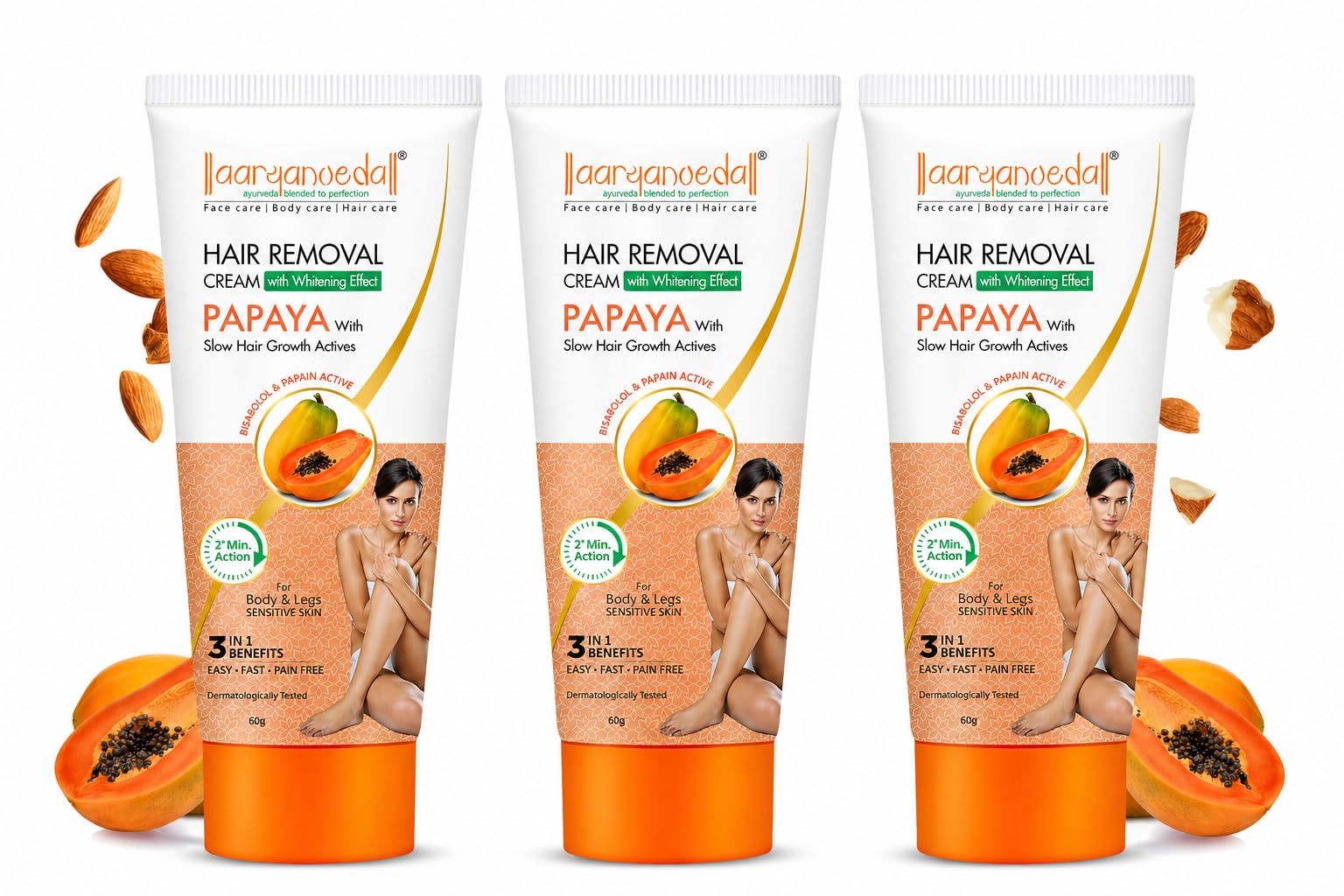 Aaryanveda Papaya Hair Removal Cream for Women & Men | Painless Hair Remover for Smooth Skin for Hands, Legs, Underarms & Bikini Line | Fast Action | 180g Pack of 3-image-44