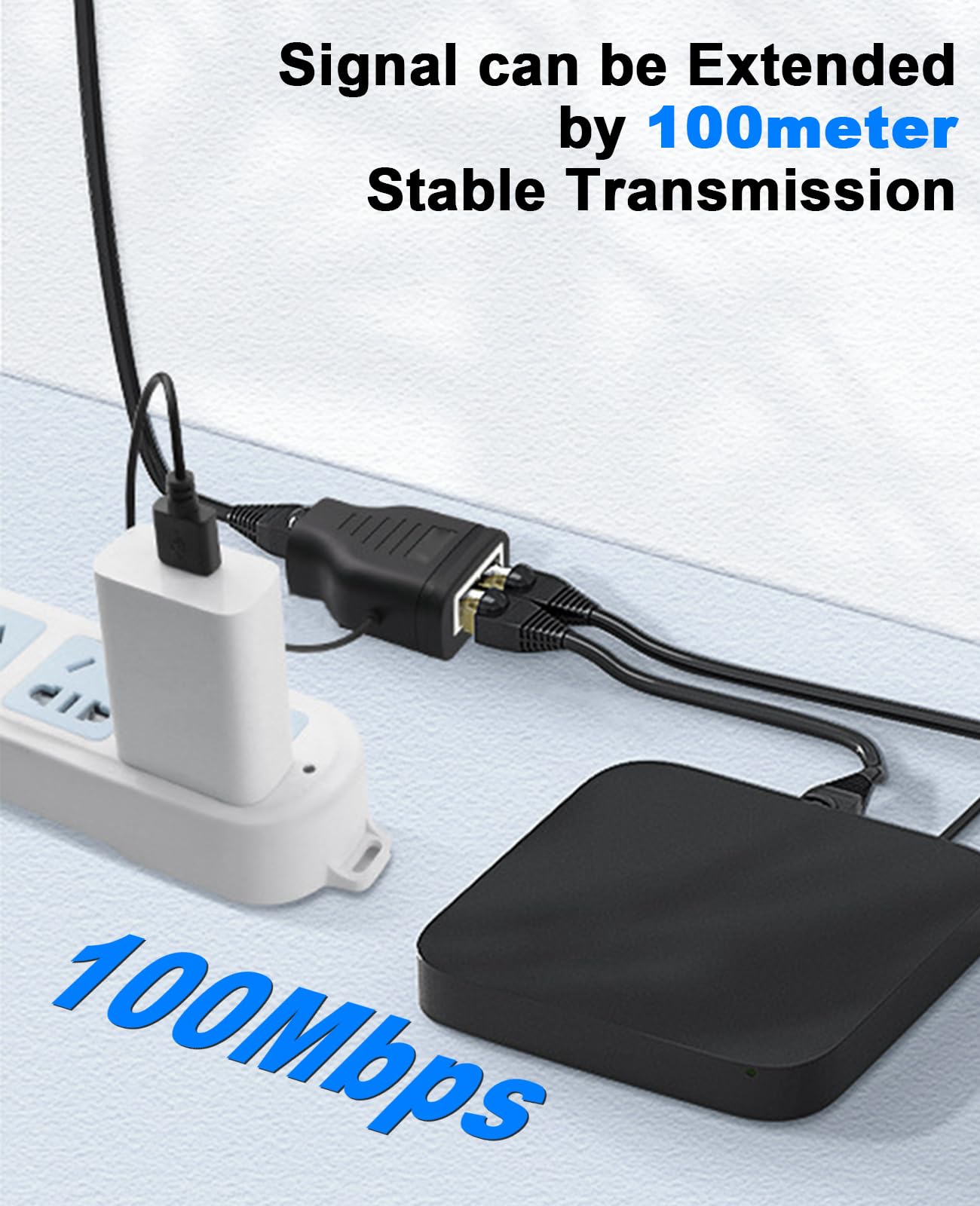 Duttek Ethernet Splitter Adapter 100 Mbps, LAN RJ45 Coupler 1 to 2 Internet Extender Adapter with USB Power Cable for Cat5/6/7 Cable Share Two Devices of The Internet at The Same Time
