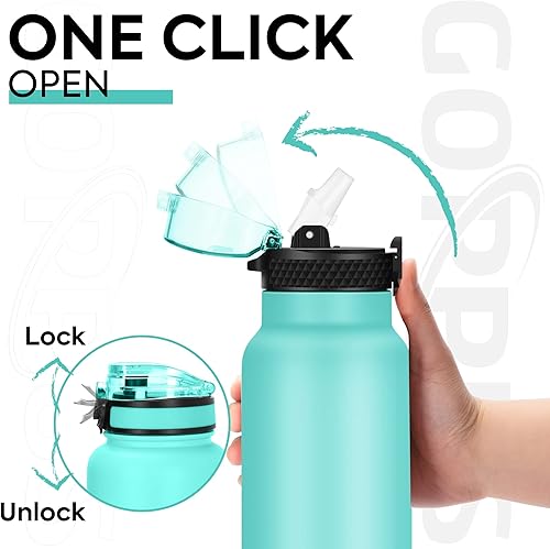 Miniatura 5 de GOPPUS Botella de agua aislada de 24 onzas con pajilla, vaso de agua deportivo de acero inoxidable con 3 tapas (pajilla, boquilla y tapa con asa),