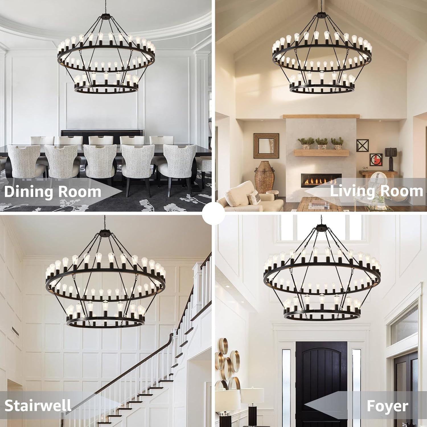 NILSE 60-Inch Black Extra Large Wagon Wheel Chandelier, 2 Tier 54-Light Farmhouse Chandelier for Dining Room, Industrial Round Pendant Light for Foyer Entryway High Ceilings, E26