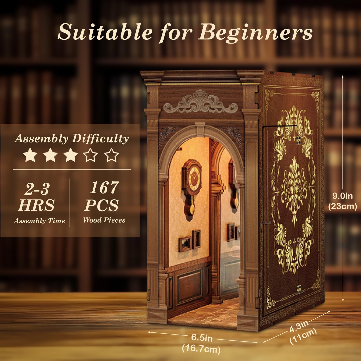 The Infinite Library DIY Book Nook Kit with Hidden Hologram Effect 167 Pcs Wooden Puzzle Bookend for Home Decor