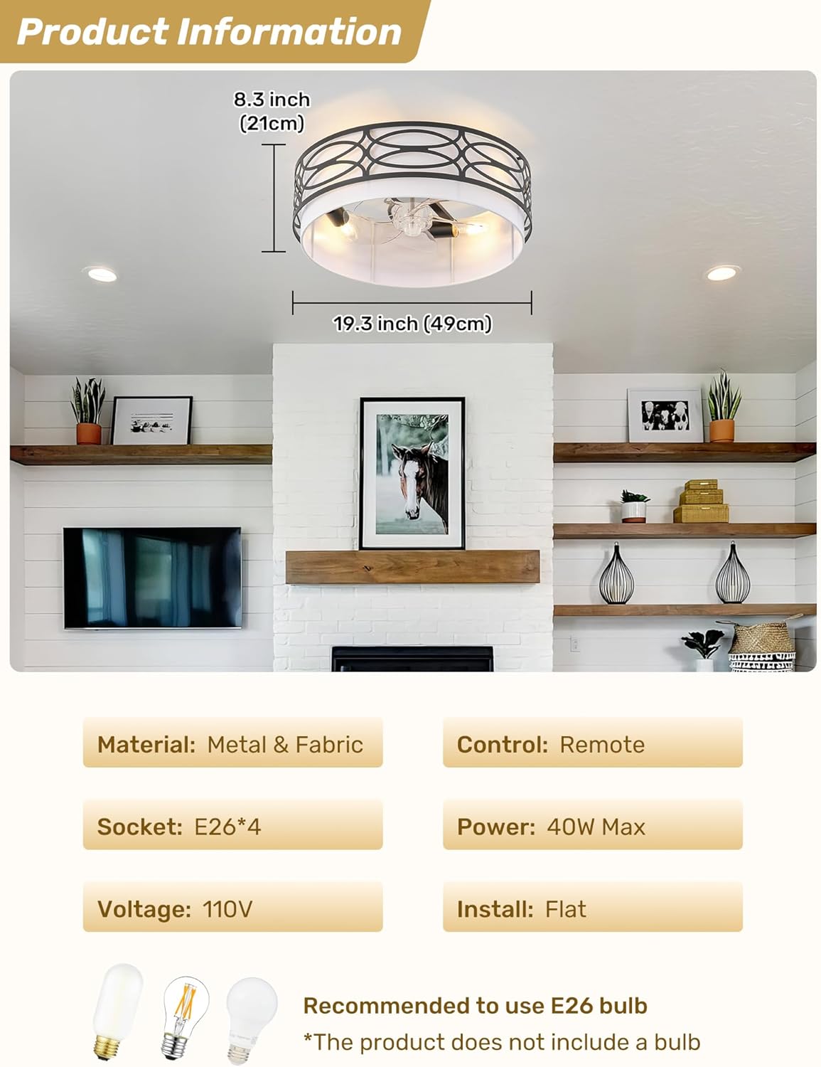 20" Black Flush Mount Ceiling Fan with Light, Caged Boho Ceiling Fan with Lights Remote Control with 6 Speeds for Bedroom, Living Room, Nursery