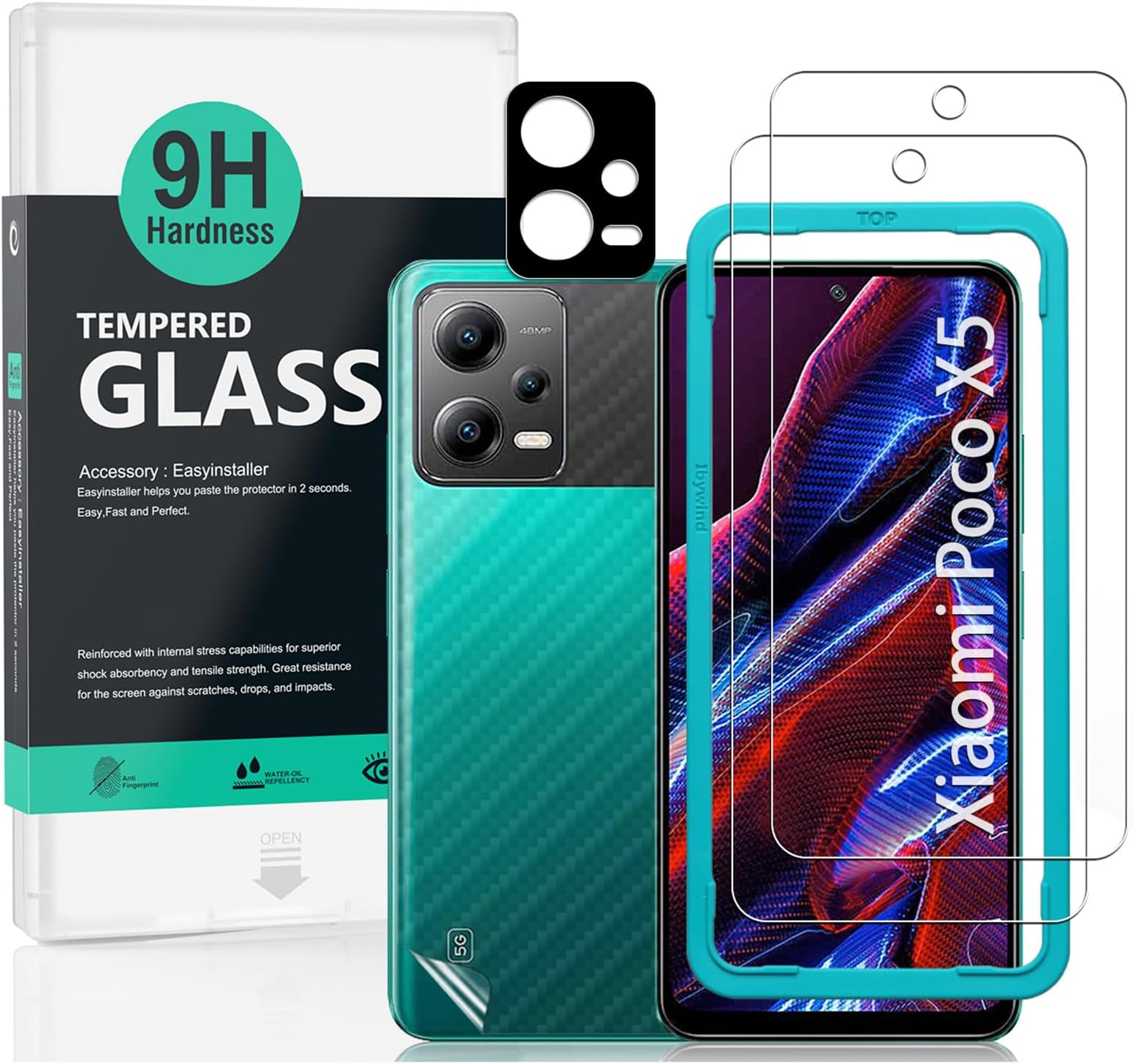 Ibywind Screen Protector for Xiaomi Poco X5 5G(6.67") 2 Pack+1 Pack Camera Len Protector+1 Back Film,9H Tempered Glass,HD Clear,Scratch Resistant,Bubble Free,Easy Install,Fingerprint Compatible