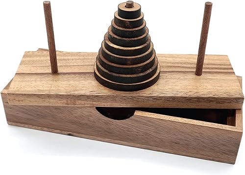 Divertidos juegos de mesa de rompecabezas de la torre de Hanoi (9 anillos) con diseños de madera para rompecabezas cerebrales, juegos de lógica para