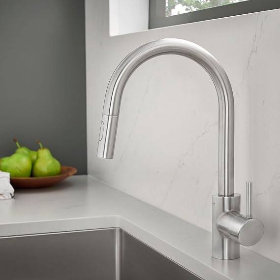 GROHE Concetto Pull Down Kitchen Faucet with Dual Sprayer, SuperSteel | Kitchen Faucet with Sprayer: Stainless Steel Finish, 1.75 GPM, Smooth SilkMove Valve, Single Hole Pull Down Spray | 32665DC3
