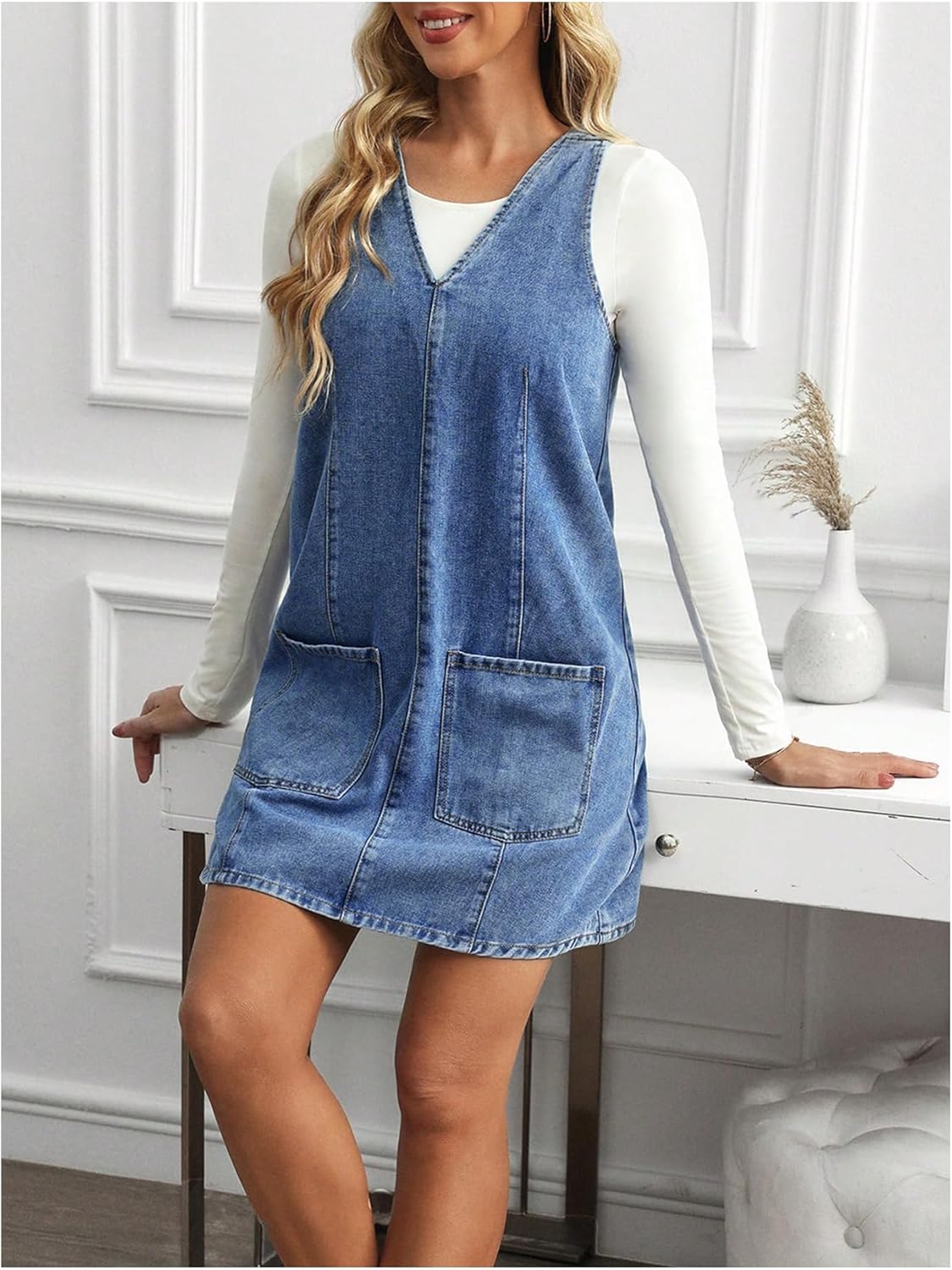 SOLY HUX Women's V Neck Sleeveless Denim Overall Dress Casual Pinafore Short Dresses with Pockets - Image 4