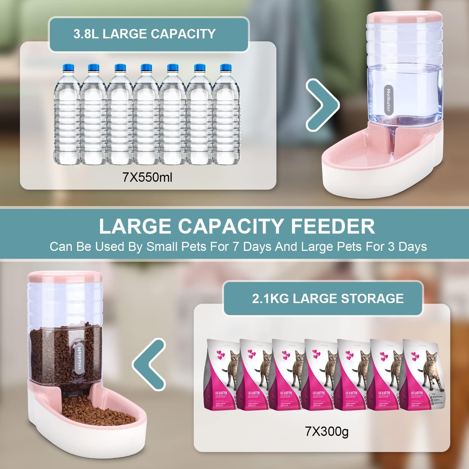 Distributore automatico di cibo da 3,8 l, con pala, dispenser di acqua da 3,8 l, mangiatoia per cani, gatti, animali domestici (rosa)