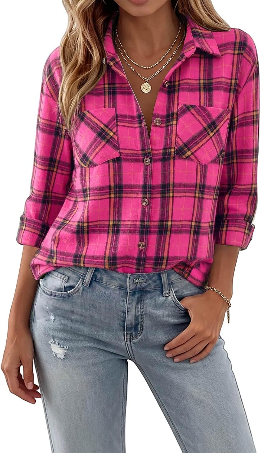 Button Down Plaid Cardigan Casual Long Sleeve Womens Flannel Plaid Shirts