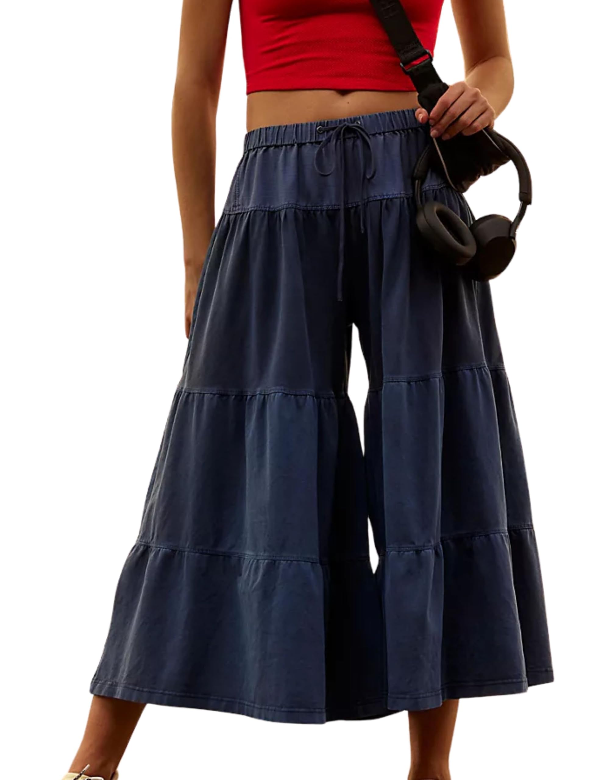 Hooever Women Wide Leg Tracking Pants Flowy Drawstring Waist Ruffle Hem Capris Bloomer Trousers Blue-M