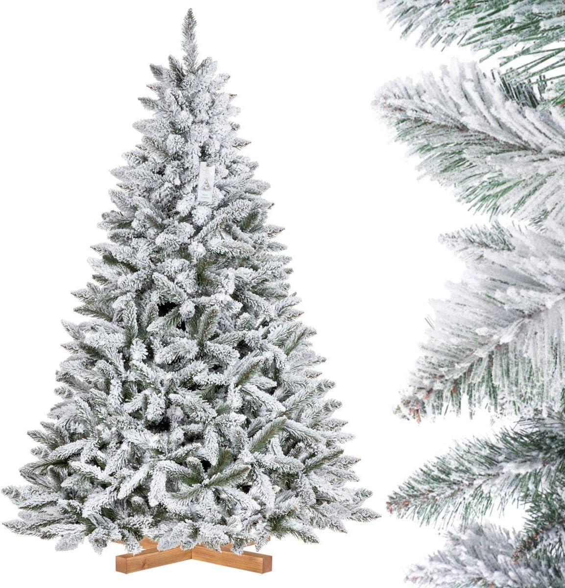FairyTrees artificial Christmas tree NATURAL SPRUCE, flocked with SNOWFLAKES, green trunk, PVC material, wooden stand, 6ft / 180cm, FT13-180