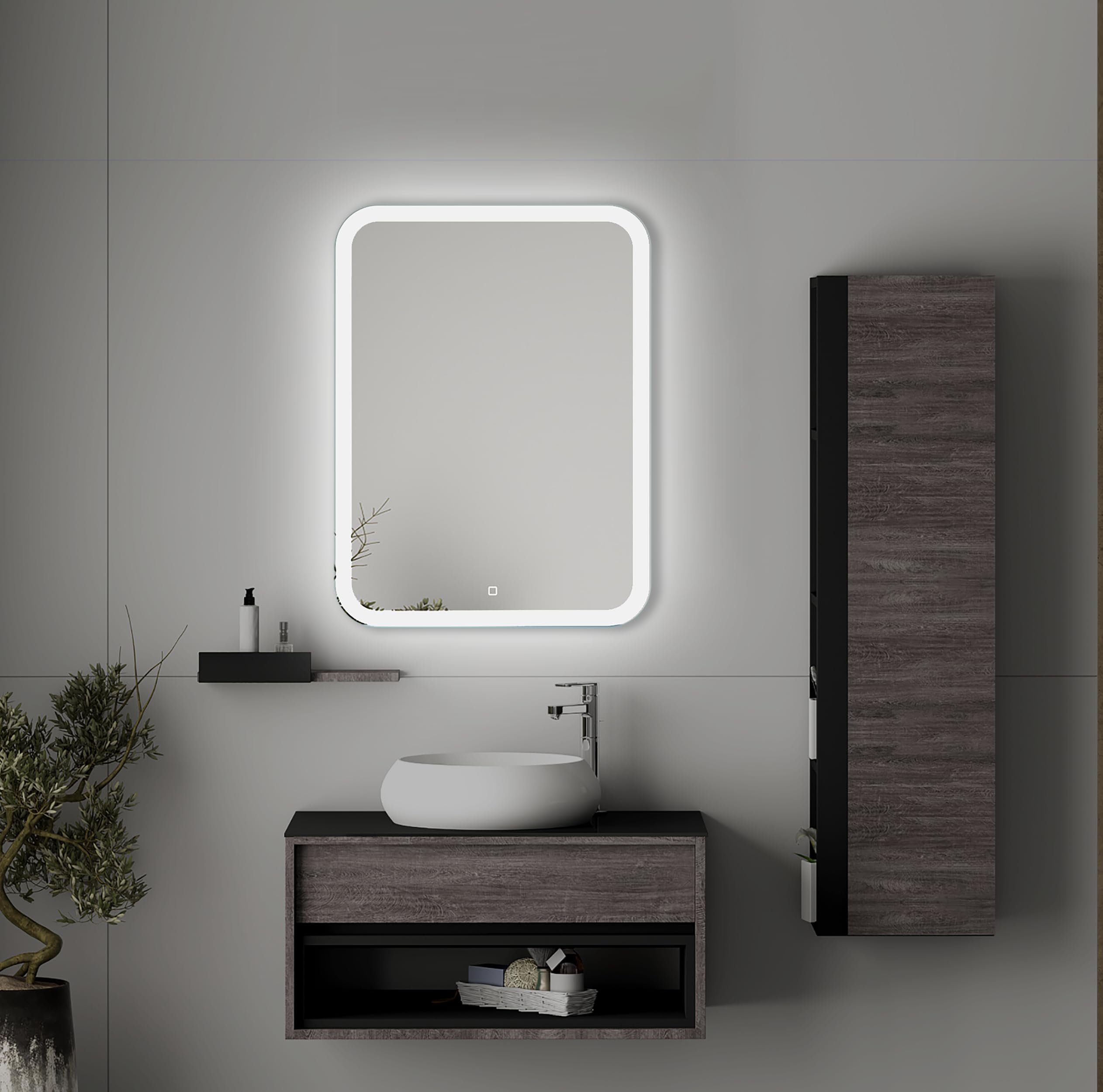 50x70 cm Prostokątne lustro łazienkowe z oświetleniem LED, Podświetlone lustro z włącznikiem, Zaokrąglone prostokątne lustro łazienkowe z naturalnym białym światłem, Podświetlane z przodu