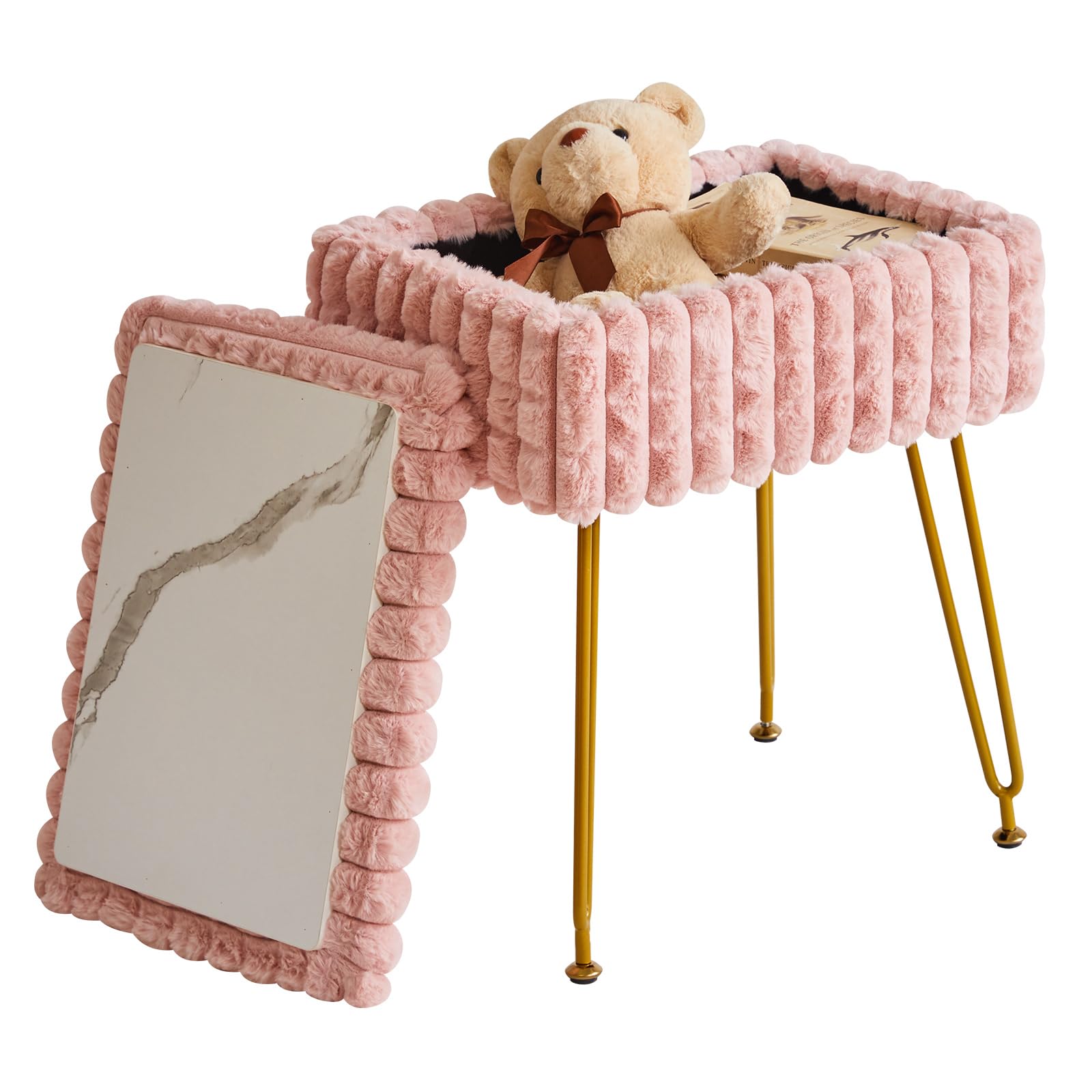 IBUYKE Silla de Maquillaje Rectangular Con Espacio de Almacenamiento, Taburete Otomano, Mesa Con Pies Antideslizantes, Rosa WBD004P