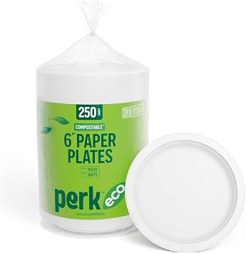 Perk 6 Inch Compostable Paper Plates, 250 Count Bulk, White Plant Fiber Disposable Plates, Grease Resistant & Microwavable for Parties and Everyday Use