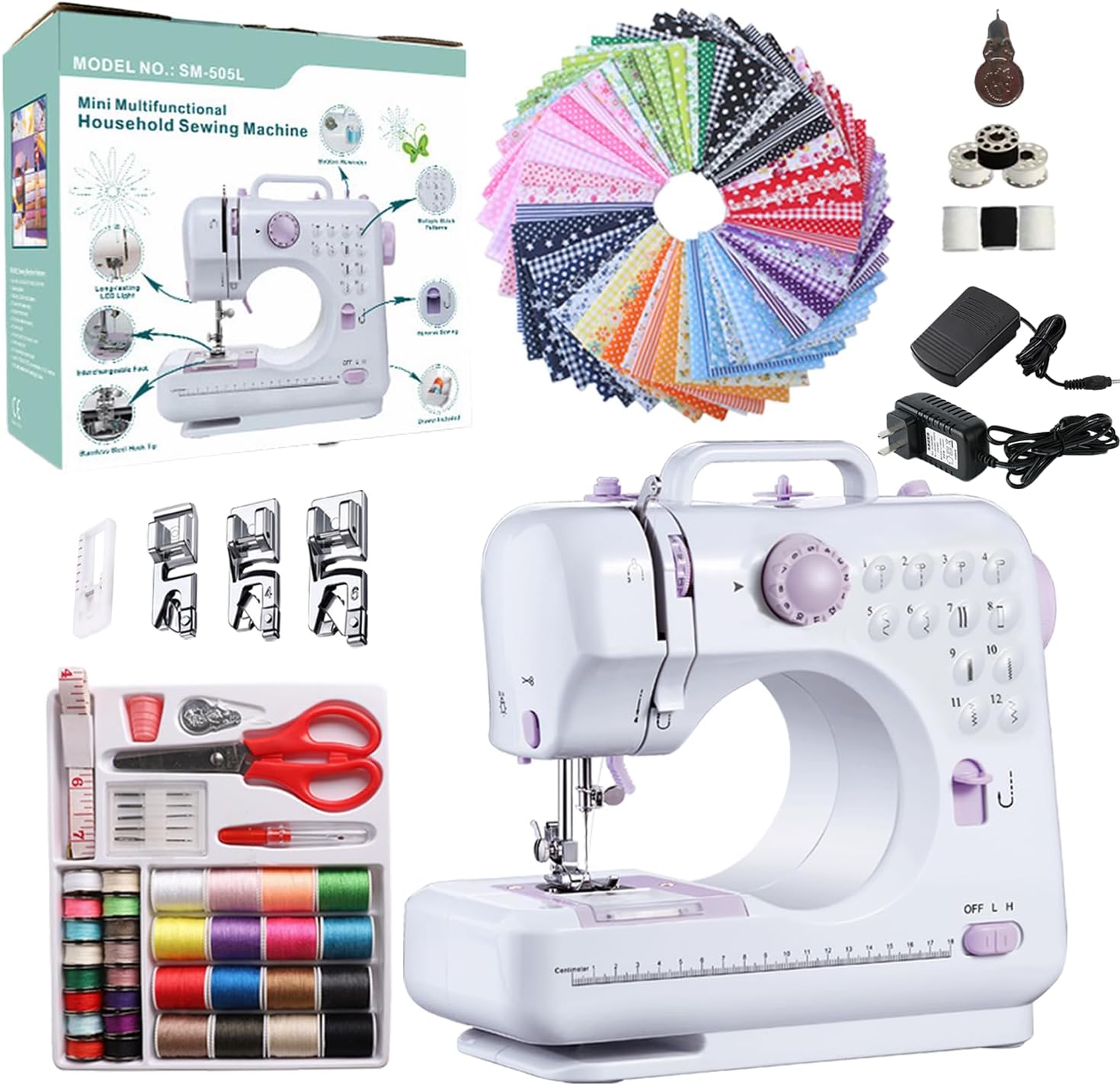 Sewing Machine for Beginners, Portable Mini Small Sewing Machine with 50 Pcs Fabric and 32 Pcs Sewing Threads Kit, 12 Built-in Stitches 2 Speed with Foot Pedal