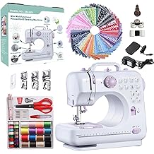 Sewing Machine for Beginners, Portable Mini Small Sewing Machine with 50 Pcs Fabric and 32 Pcs Sewing Threads Kit, 12 Built-in Stitches 2 Speed with Foot Pedal