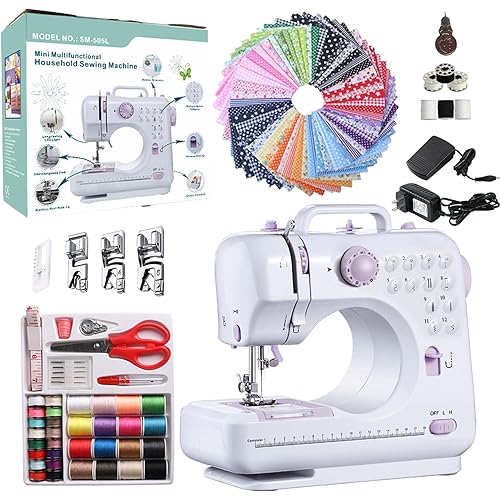 Sewing Machine for Beginners, Portable Mini Sewing Machine with 50 Pcs Fabric and 32 Pcs Sewing Threads Kit, 12 Built-in Stitches 2 Speed with Foot Pedal