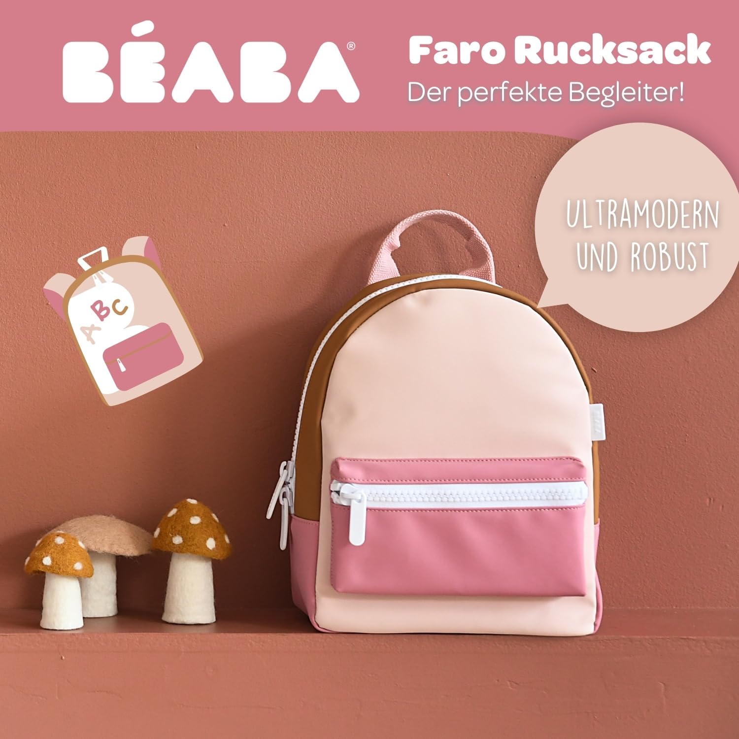 BÉABA, Rucksack für Vorschulkinder, Ideal für Kindergärten, 2 Taschen, Namensschild, Radiergummieffekt, Breiter Reißverschluss, Verstellbare Henkel, Gepolsterter Rücken, Wasserfest, Faro Dusty rose