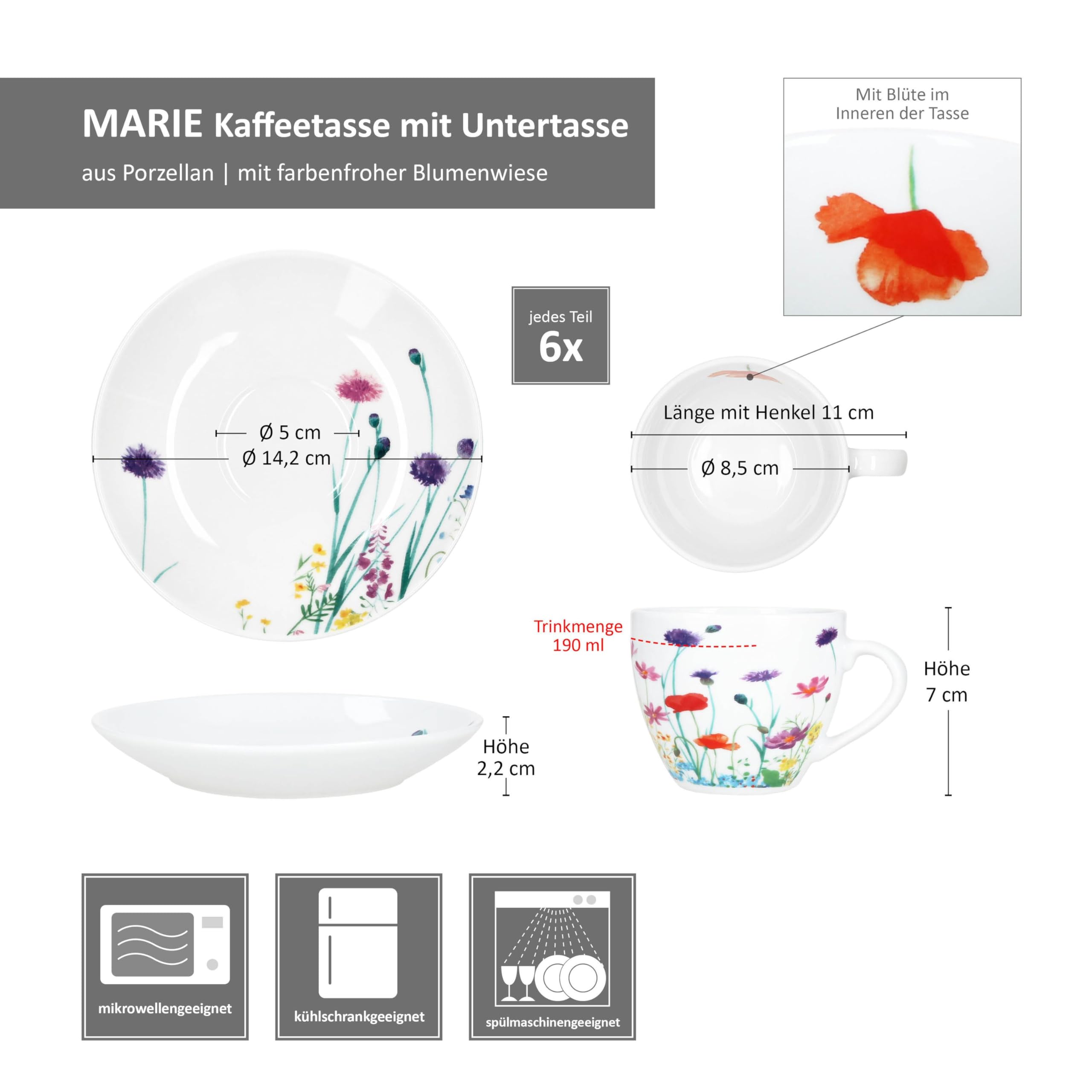 MamboCat Marie - Set di tazze da caffè con piattini per 6 persone, in porcellana con prato floreale, per colazione e caffè, 6 tazze da tè da 190 ml e piattini