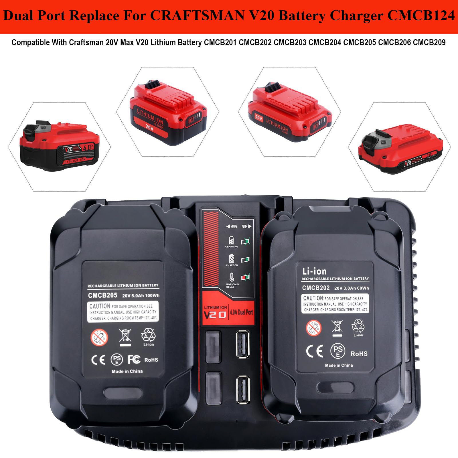 CMCB124 V20 Dual Port Battery Fast Charger Replacement for Craftsman 20V max Lithium Compact Batteries CMCB102 CMCB202 CMCB204 CMCB206 CMCB209 Power Tools Battery