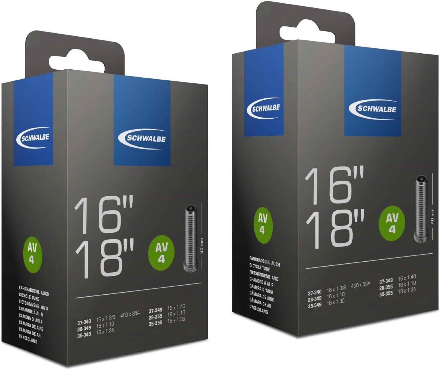SCHWALBEAV4 Inner Tubes - 16 x 1 1/8 to 18 x 1.35in, 40mm Schrader Valve (2 Pack)