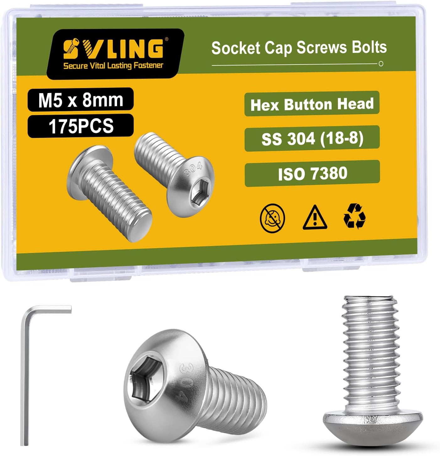 M5 x 8mm 175PCS Button Head Hex Socket Cap Screws Bolts, 304 Stainless Steel 18-8, Allen Hex Drive, Full Thread, Bright Finish, with Hex Spanner