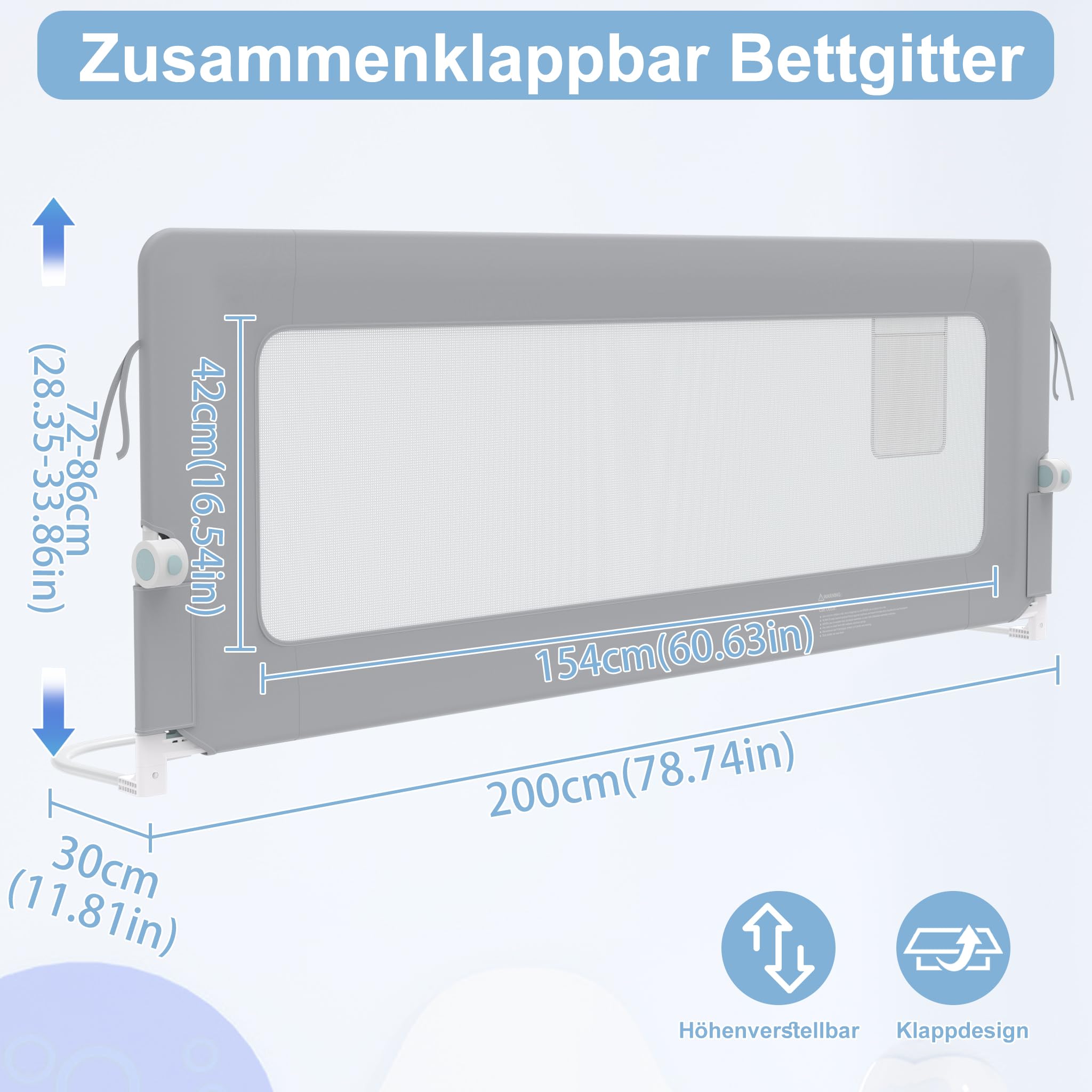 YRHome 200cm Bettgitter Rausfallschutz klappbar 180 Grad drehbar Bettschutzgitter für Kleinkinder luftiges Netz, Höhenverstellbar Rausfallschutz Bett für Kinderbett, Elternbett (Grau)