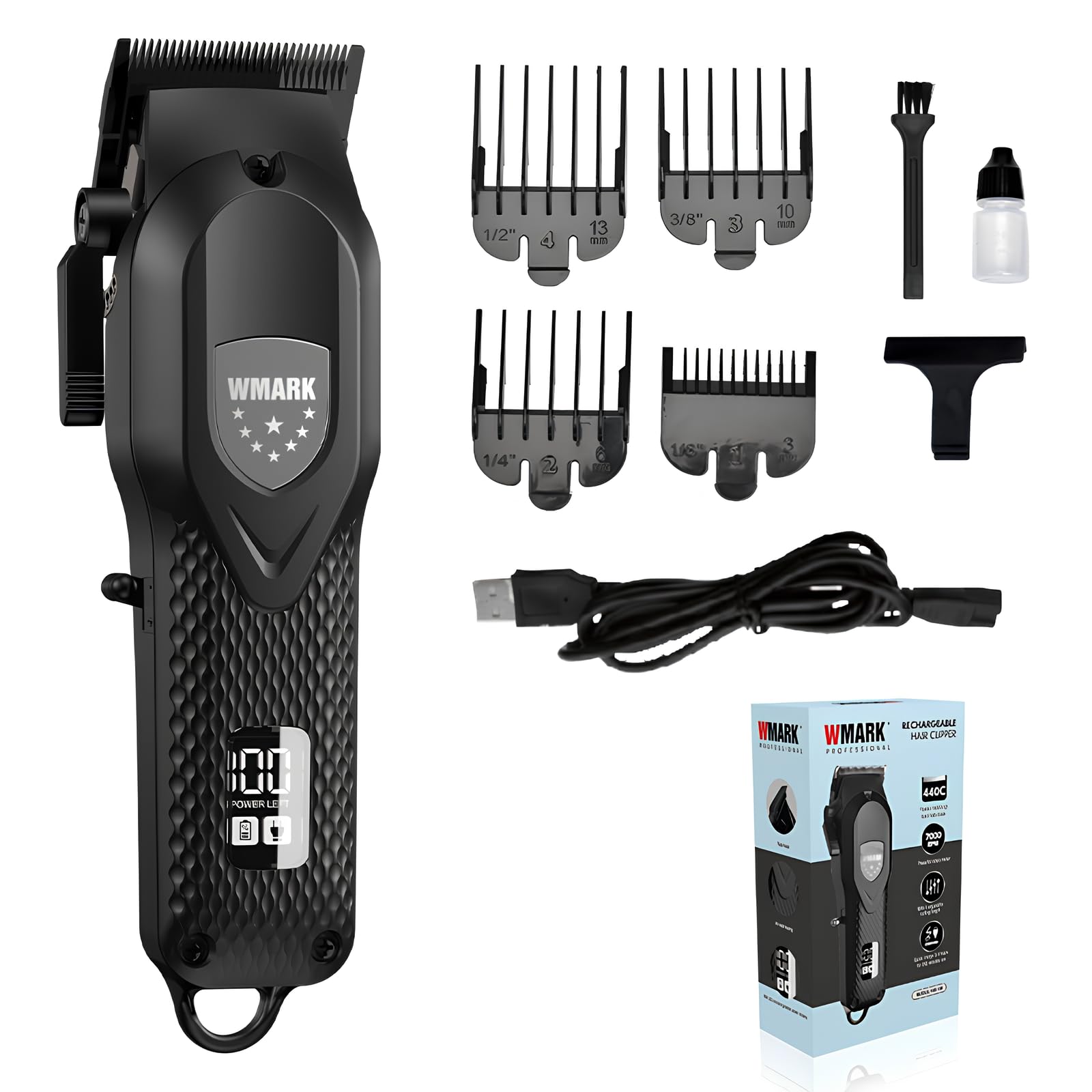 WMARK Men Ng-119 Professional Zero Gapped Hair Clipper Digital Display Self Sharpening Blade 7000 Rpm Magnetic Motor Usb Charging 4Guide Comb Taper Lever Runtime 240 Min 2000 Mah Li-Ion Battery,Black
