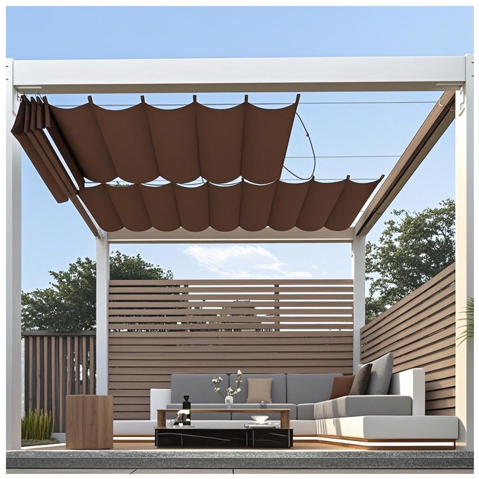 Voile d'ombrage rétractable pour terrasse et repas d'été à l'abri du soleil