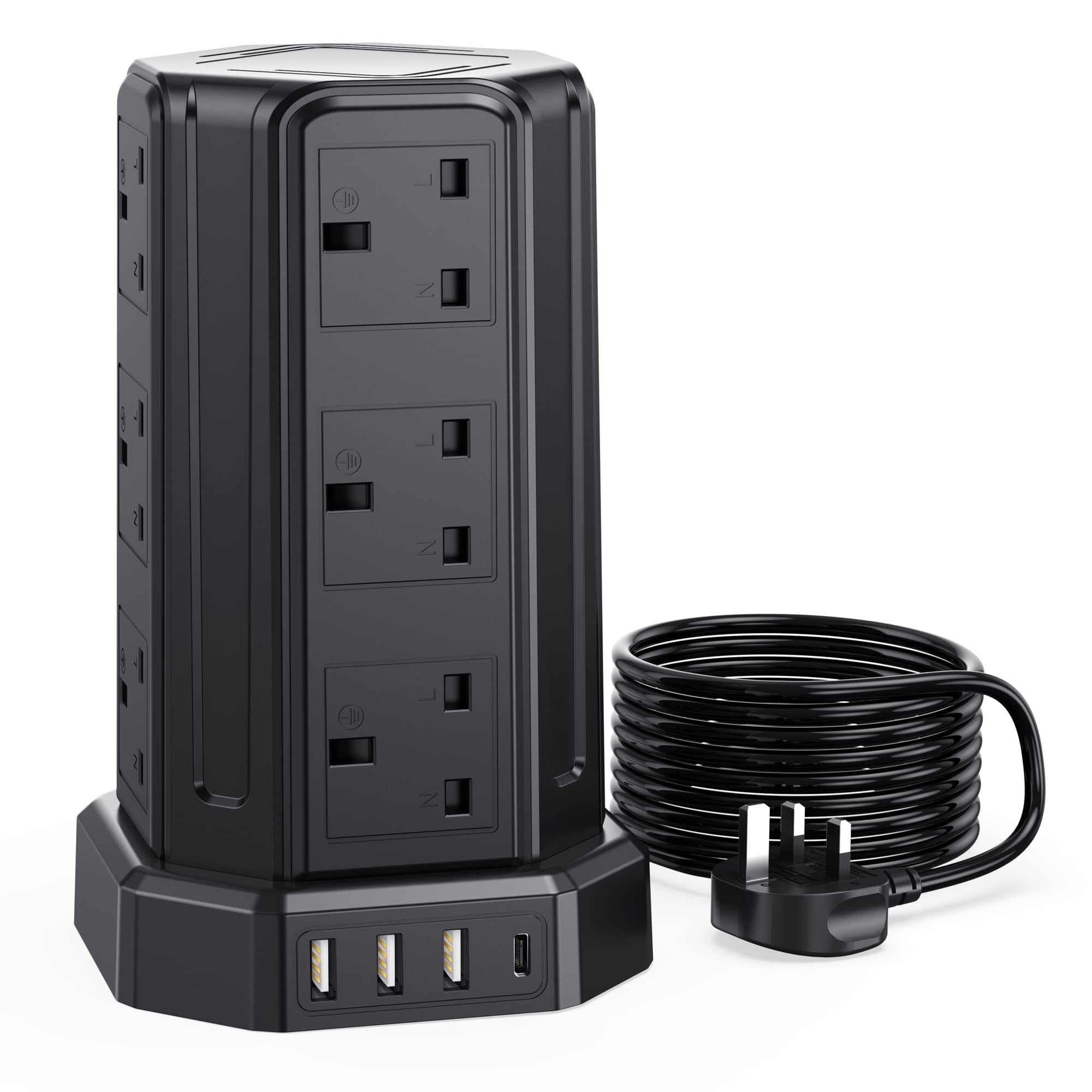 Tower Extension Lead, Aodeng 12 Way Extension Tower Multi Plug Extension Sockets with 4 USB Slots, [13A 3250W] Surge Protector Long Extension cable for Home, Office, Kitchen — view 11