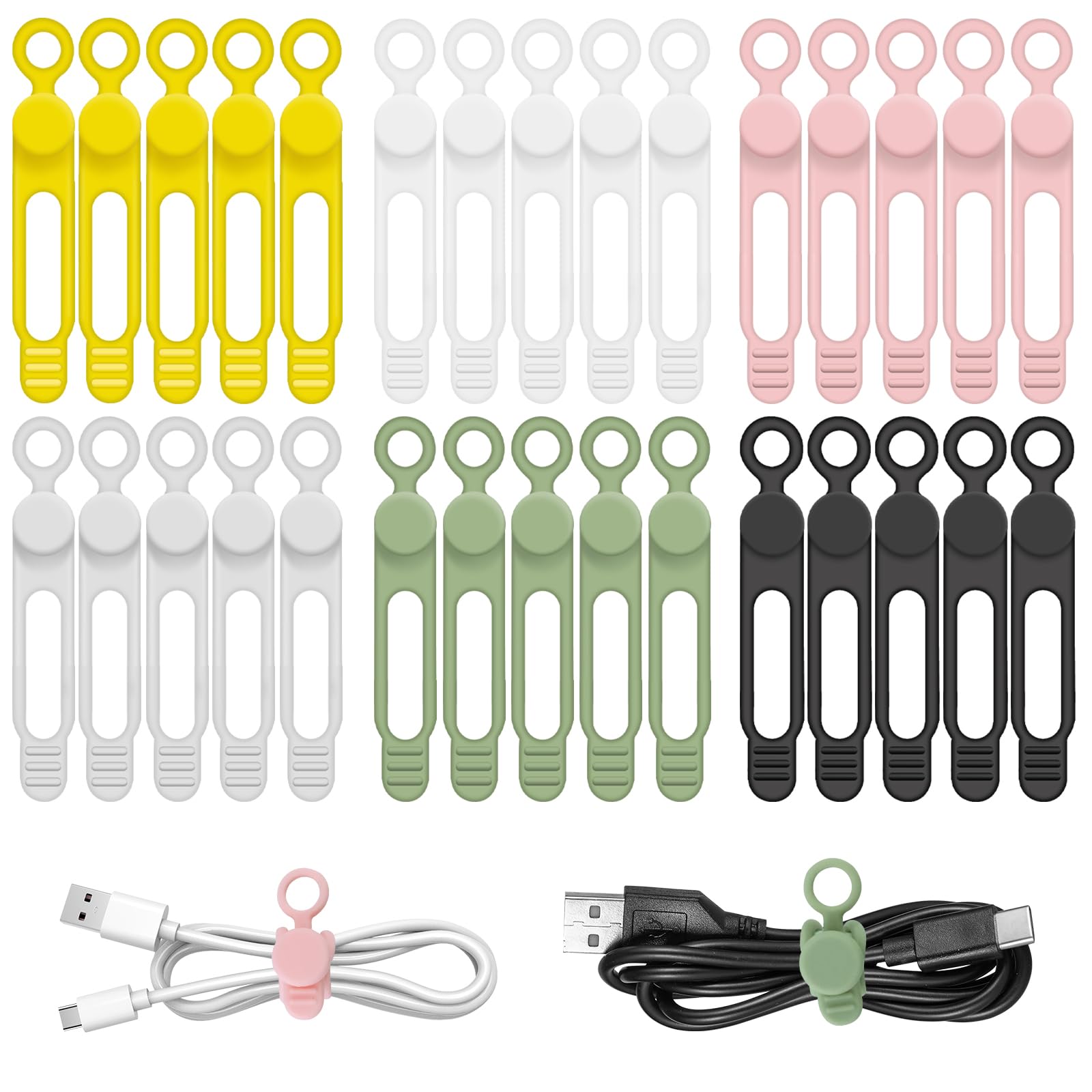 Lot de 30 serre-câbles en silicone - 6 couleurs - Réutilisables - Pour câbles de données, gestion des fils, câbles d'ordinateur, écouteurs, électronique, voyage, bureau à domicile et tiroir de bureau