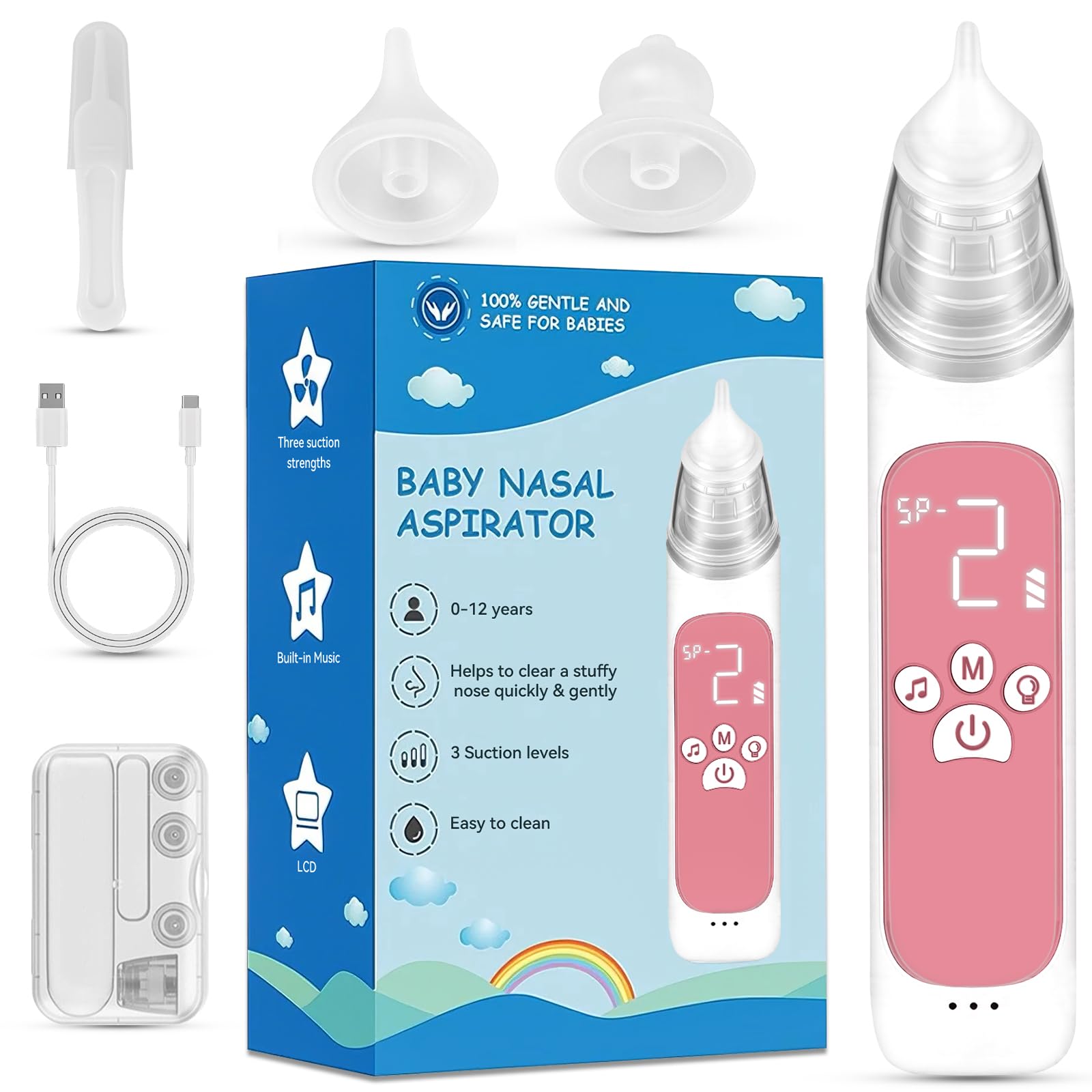 Electric Baby Nasal Aspirator Rechargeable, Baby Nose Cleaner, Baby Nose Sucker Vacuum Cleaner, with 3 Silicone Nozzles and 3 Suction Levels, Pink
