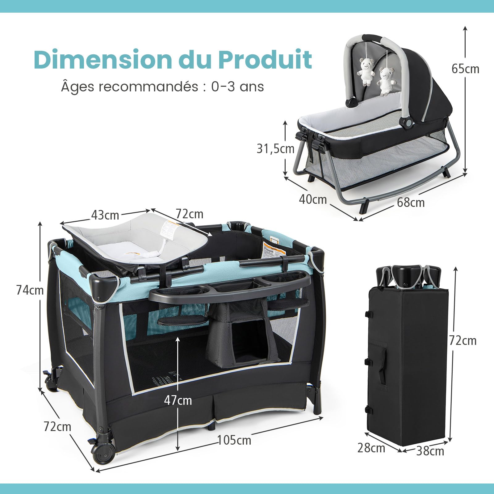 DREAMADE 6 en 1 Lit Parapluie Bébé 105x72x74CM avec Matelas Lit de Voyage Tout-Petites 0-3 Ans avec Porte-Couche&Table à Langer&Roue Verrouillable&Boîte à Musique,Berceau Charge 15KG (Vert)