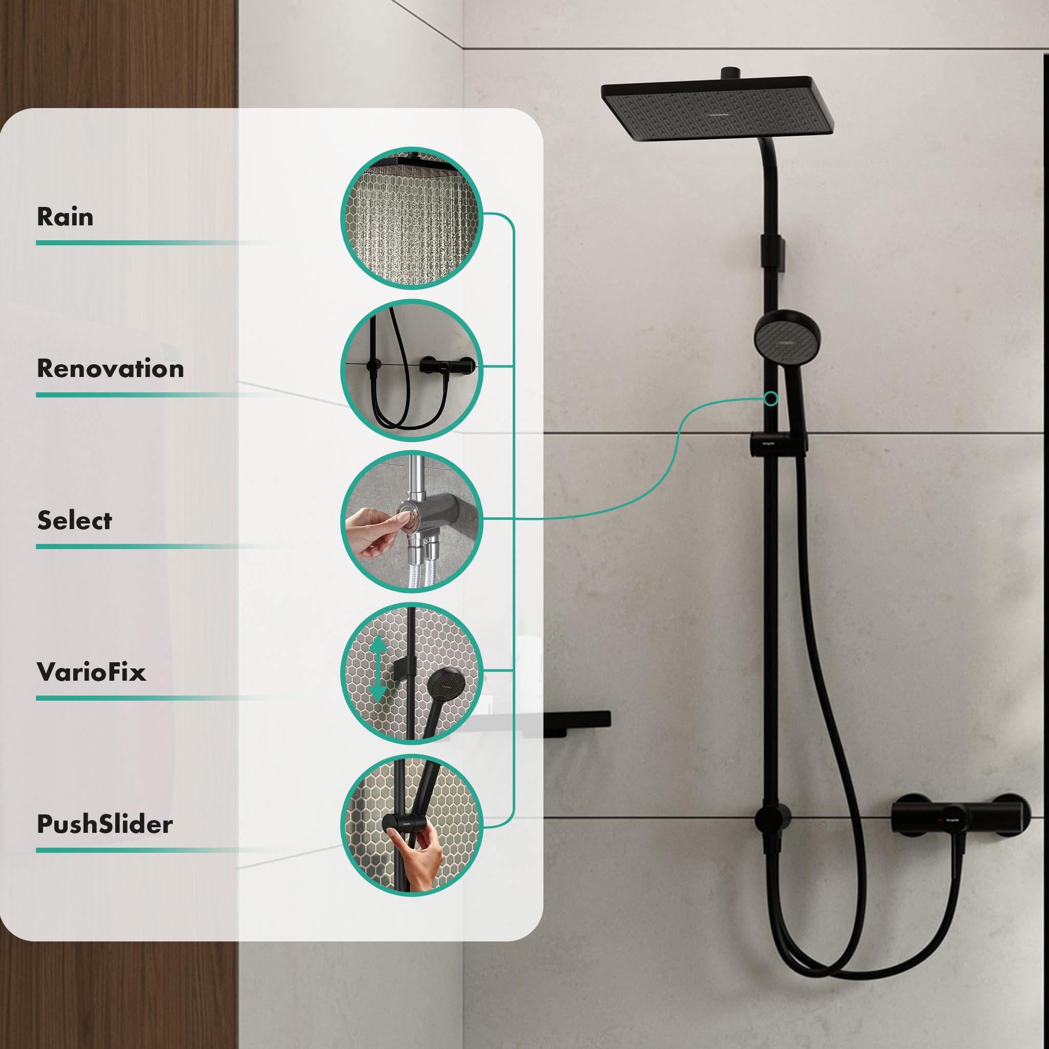 hansgrohe Activera Q - Colonna doccia senza miscelatore (EcoSmart), Sistema doccia con deviatore, soffione (290 x 180 mm), doccetta, tubo e asta, nero opaco, 28757670