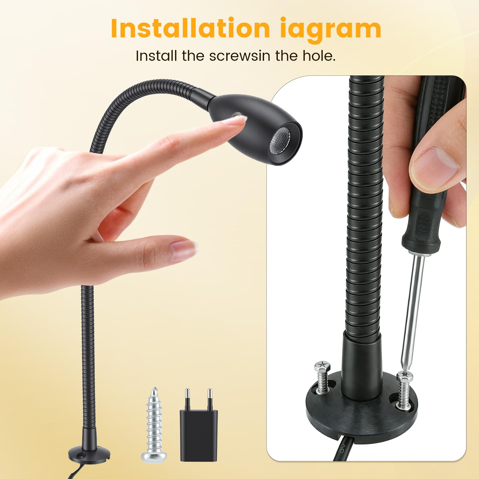 Leselampe 12V LED Dimmbar Bett Lampe, Flexible Wandmontage Schwanenhals Nachttisch DC 12-24V 3000/4000/6000K mit Dimmerschalter & USB-Ladegerät, 1PCS Boot Wohnwagen Van Yacht Bett Lampe